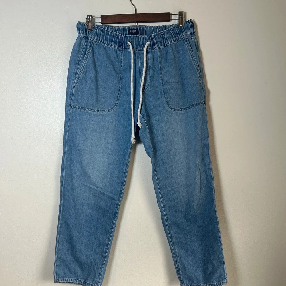 J Crew Women Denim Straight Leg Pant Light Wash Elastic Waist Drawstring Size 28